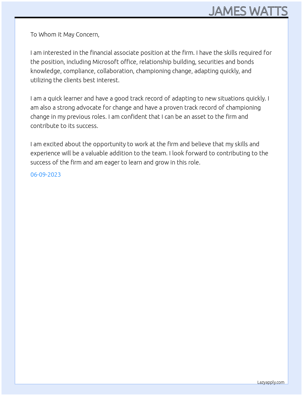 Financial Associate At the firm Cover Letter