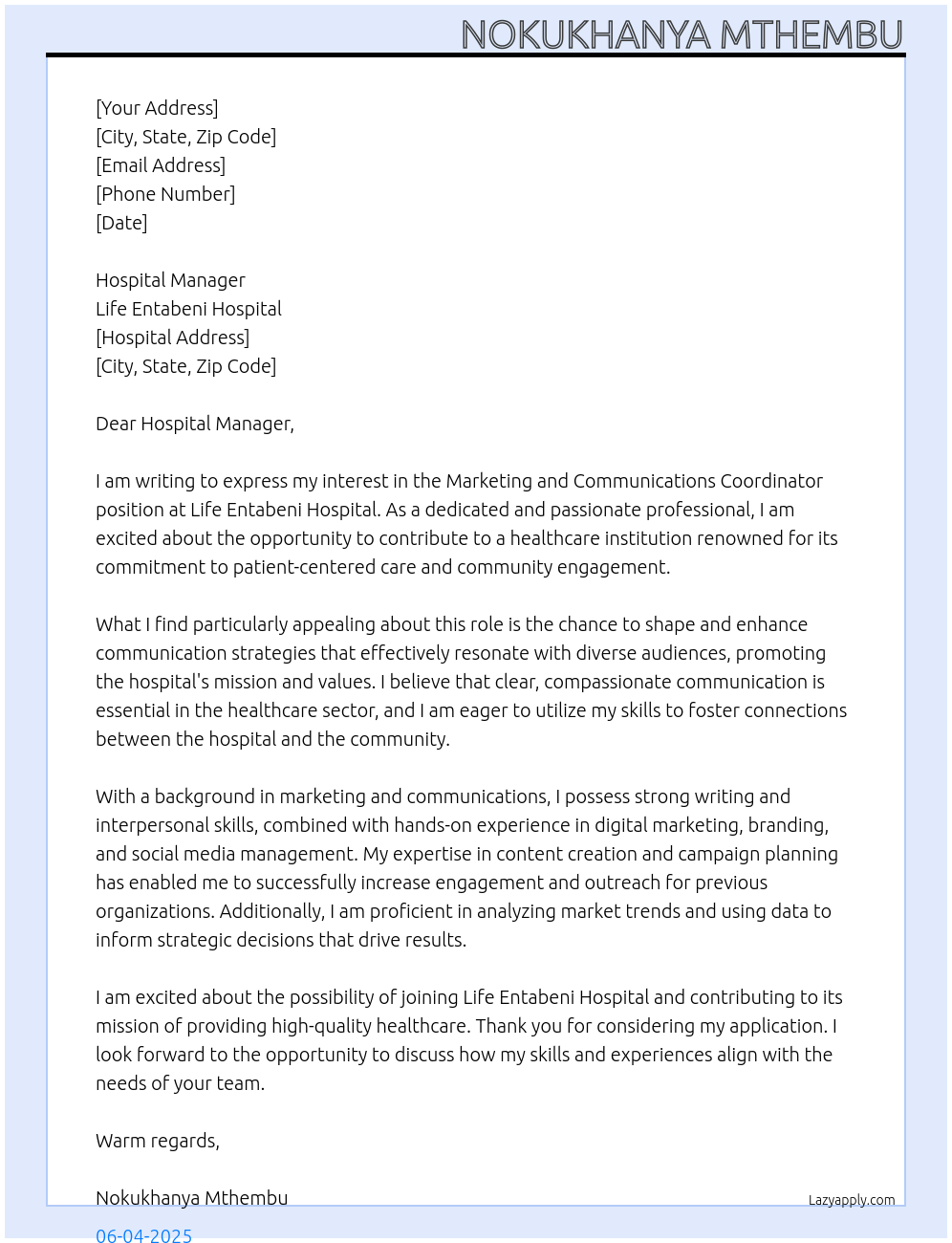 Cover letter for marketing and communications coordinator - LazyApply