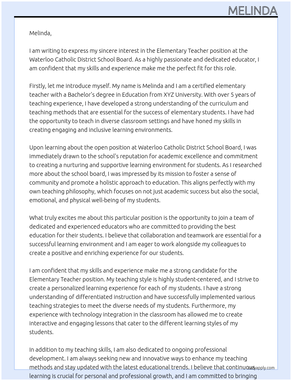 elementary teacher At Waterloo Catholic District School Board Cover Letter
