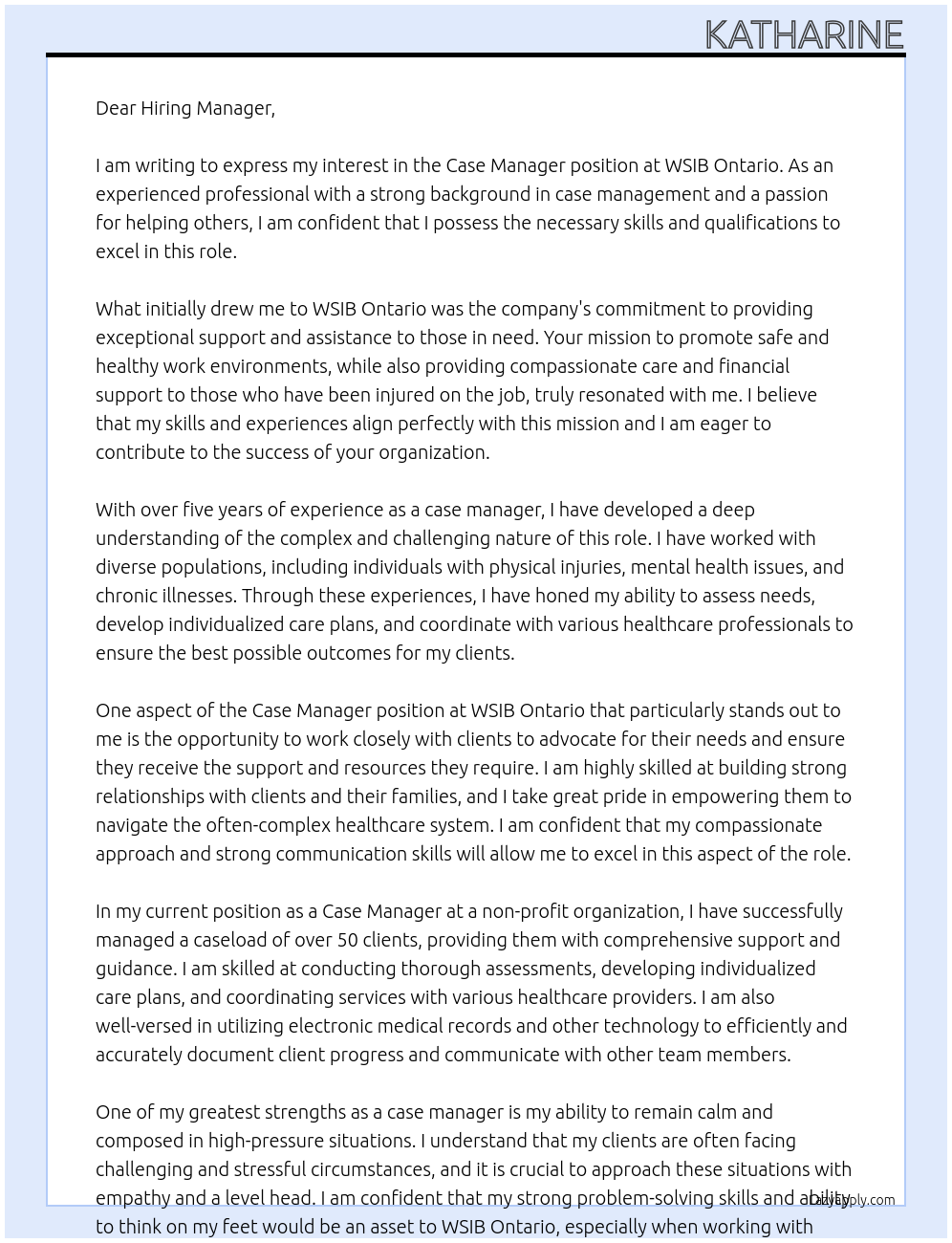 Case Manager At WSIB Ontario Cover Letter