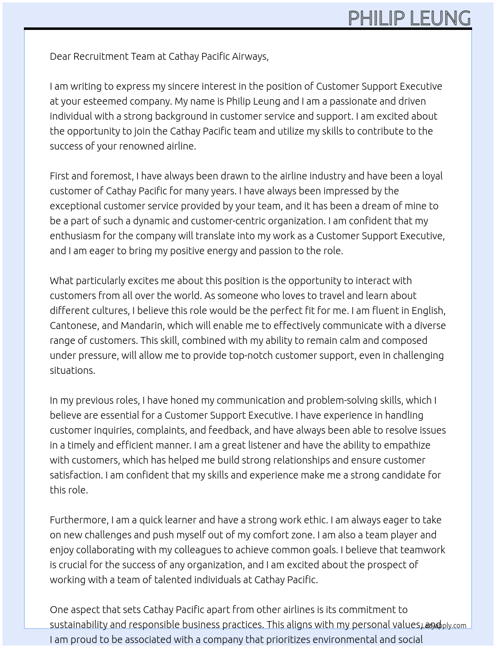 Customer Support Executive At Cathay Pacific Airways Cover Letter