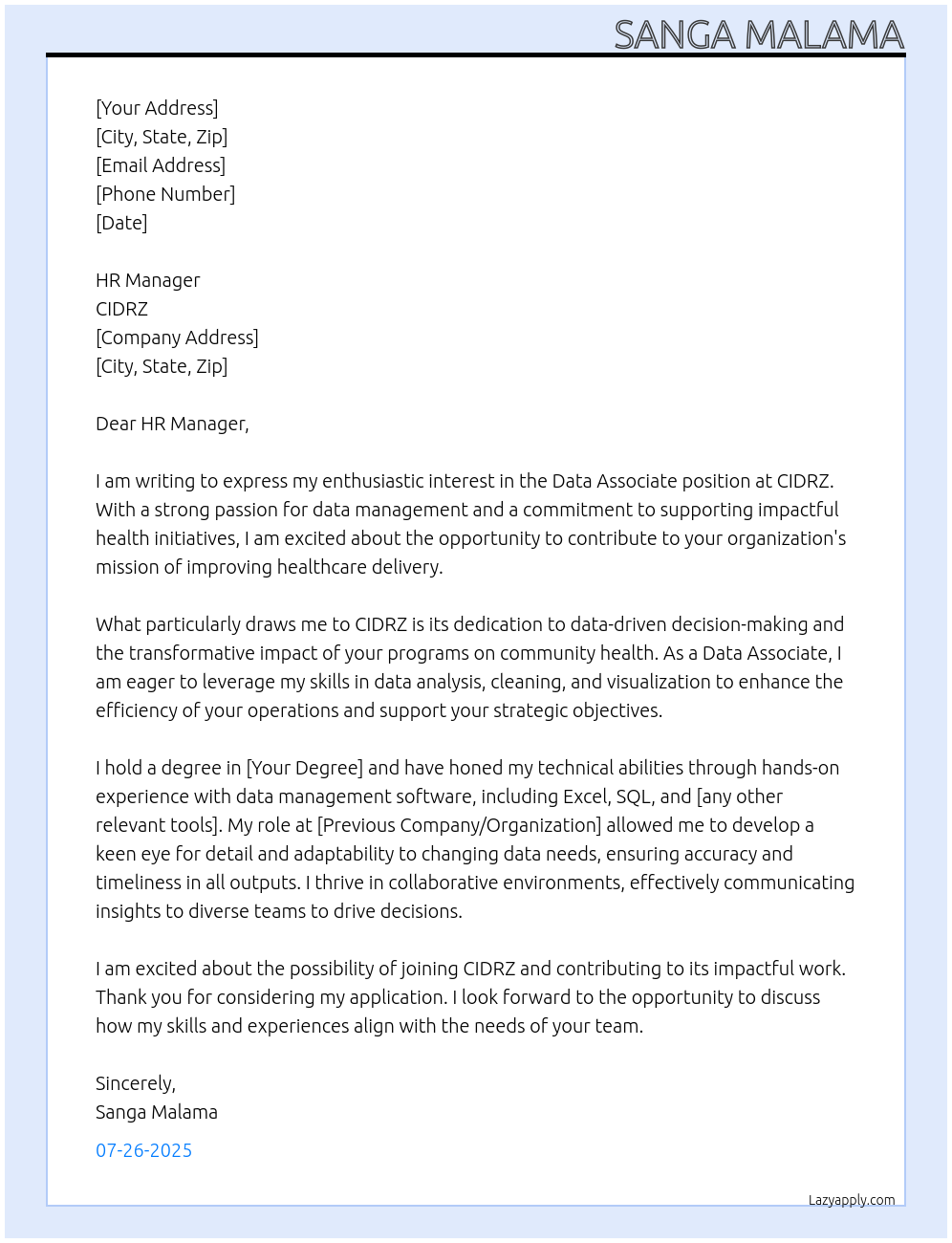 Data Associate At CIDRZ Cover Letter