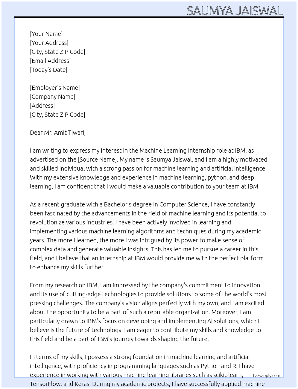 Machine learning At IBM Cover Letter