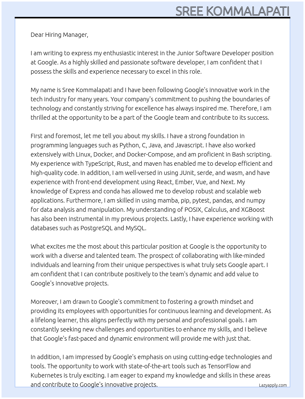 Junior Software Developer At Google Cover Letter