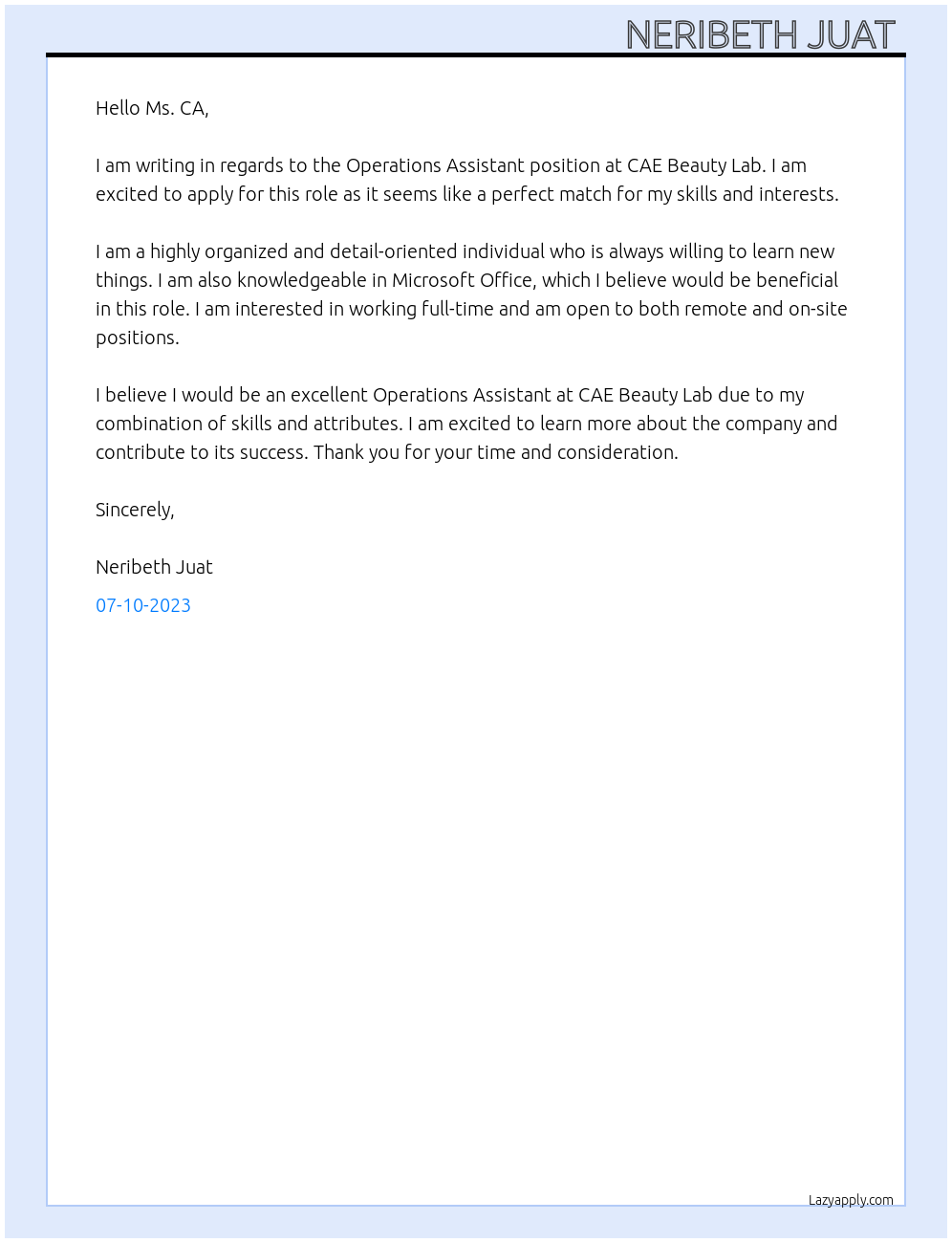 Operations Assistant At CAE Beauty Lab Cover Letter