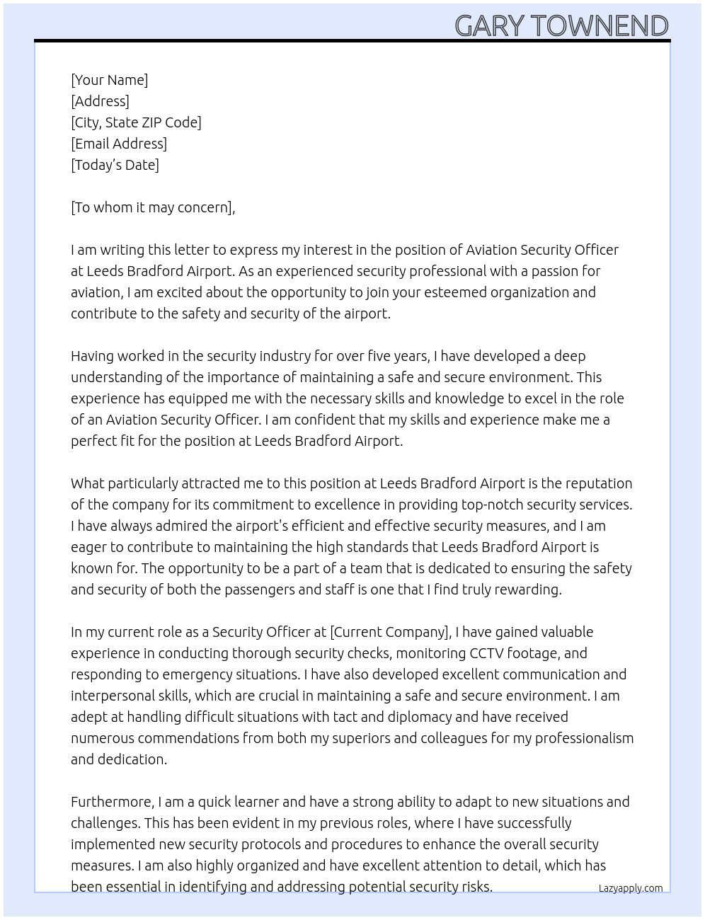 Aviation Security Officer At Leeds Bradford Airport Cover Letter
