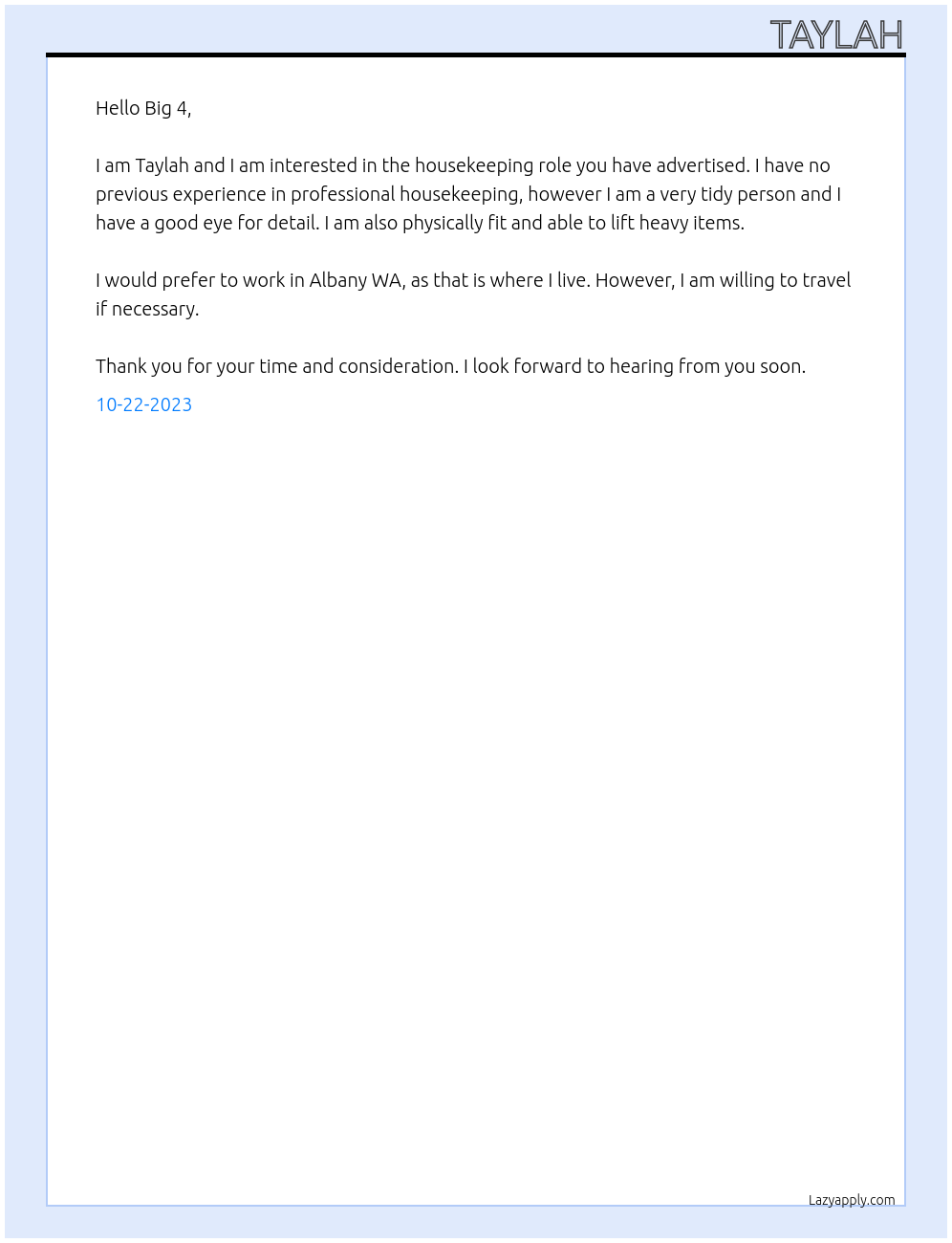 Housekeeping At Big 4 Cover Letter