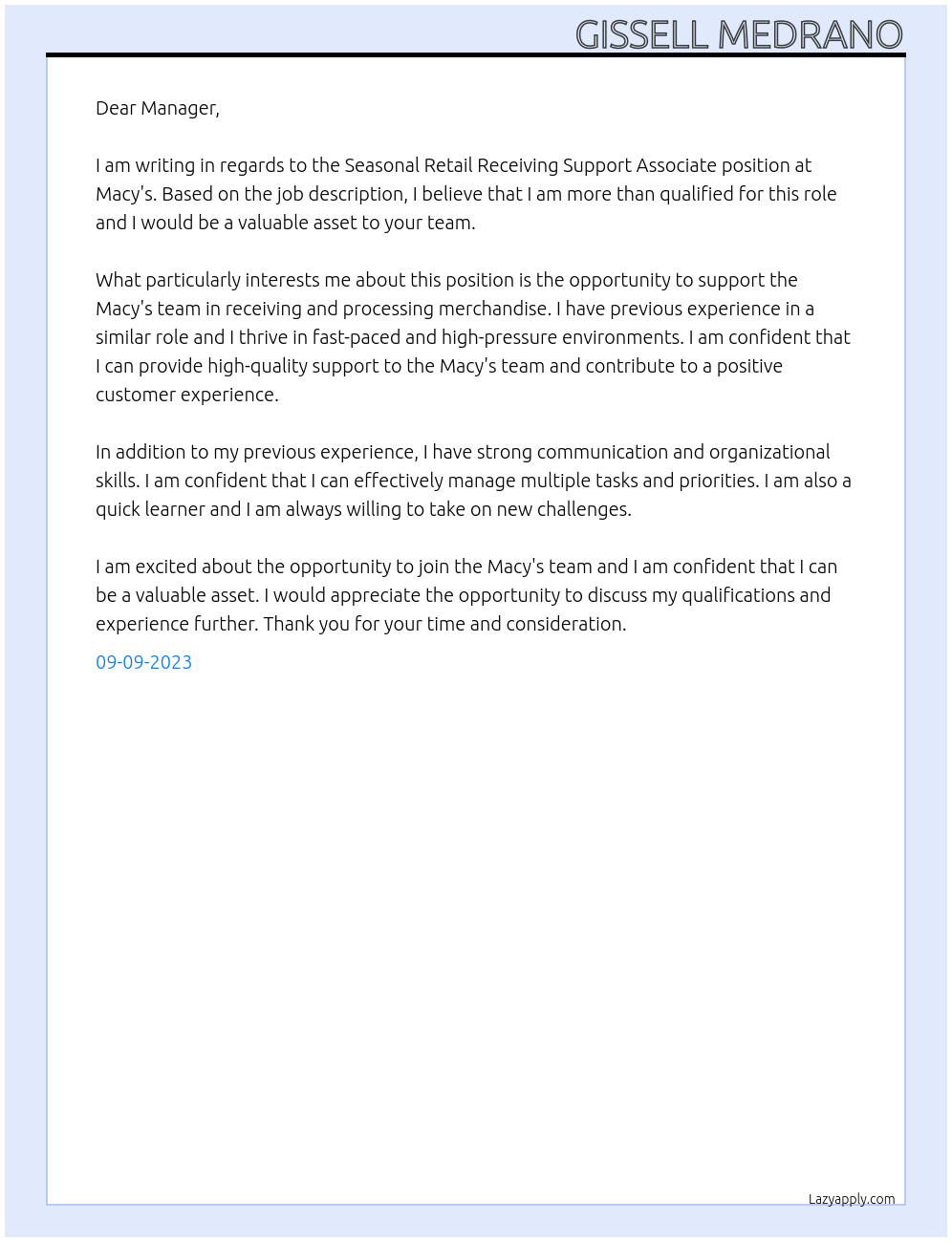 Seasonal Retail Receiving Support Associate At Macys Cover Letter