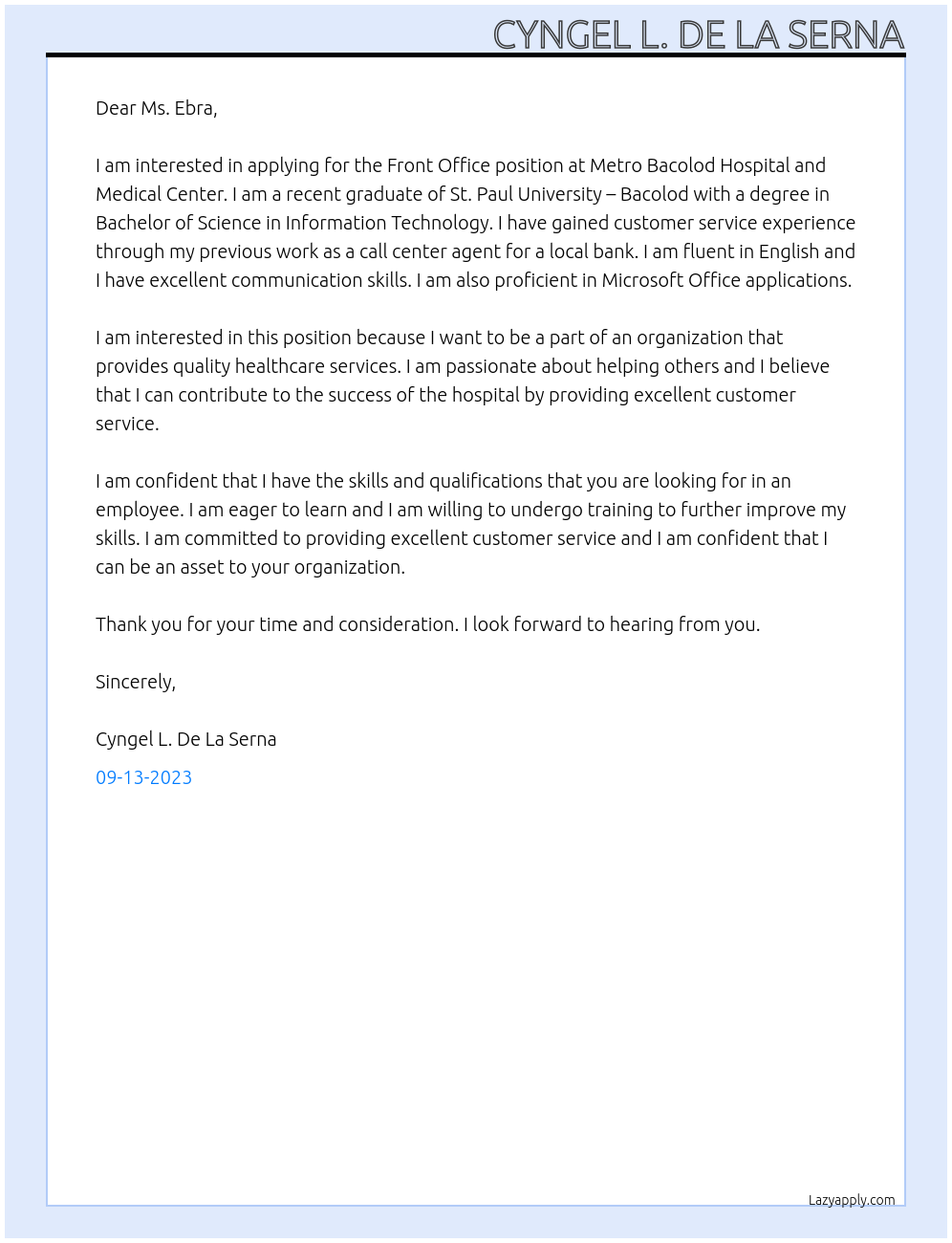 Front office  At Metro Bacolod Hospital and Medical Center Cover Letter