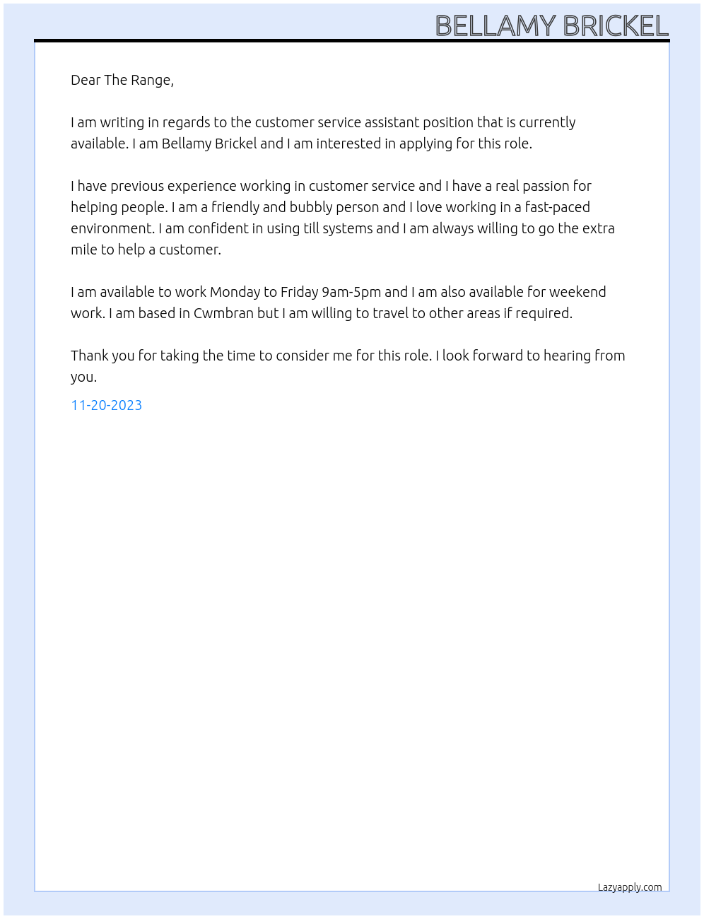 customer service assistant At The Range Cover Letter