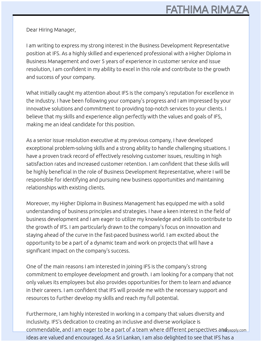 Business Development Representative At IFS Cover Letter