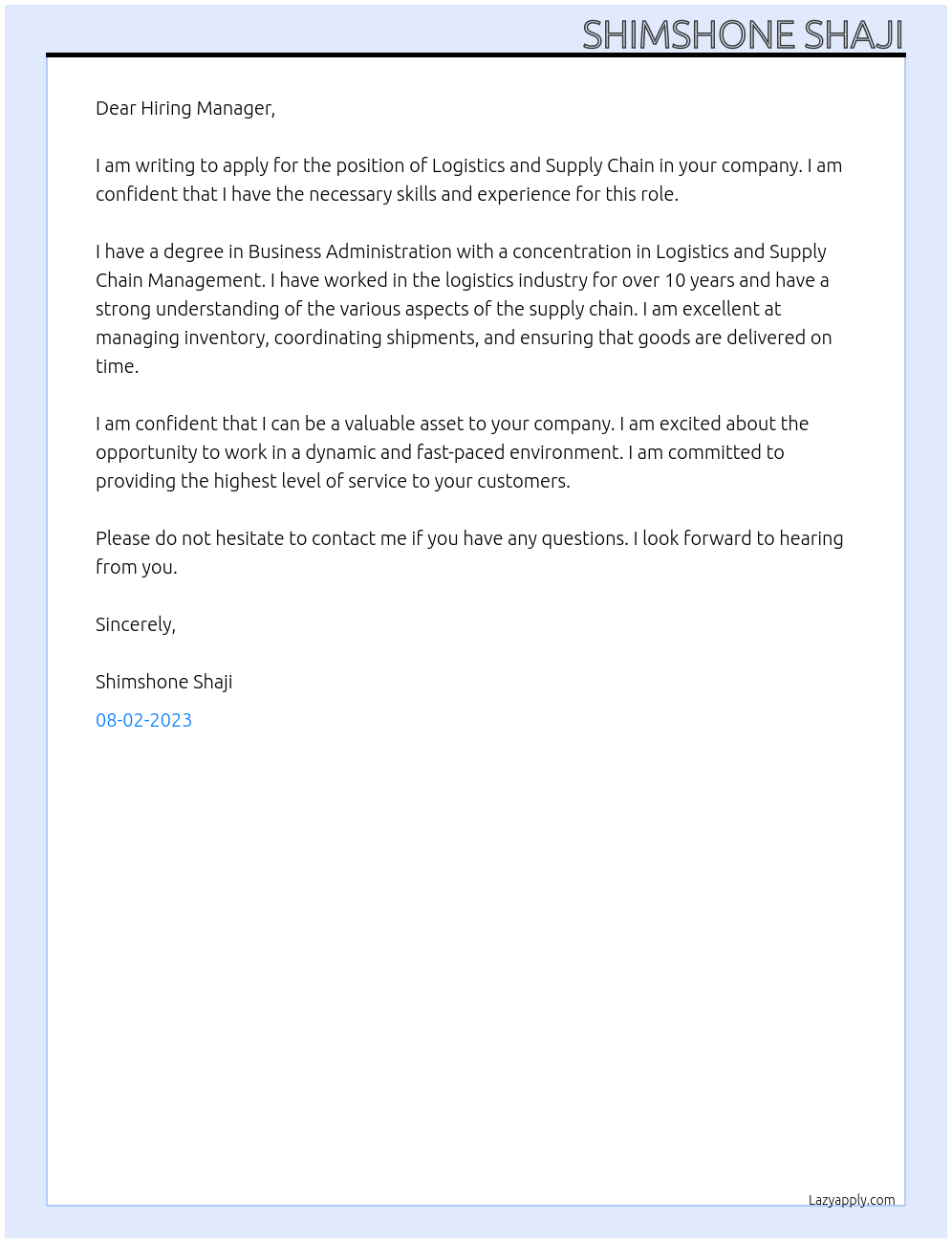 Logistics and supply chain At Logistics Cover Letter