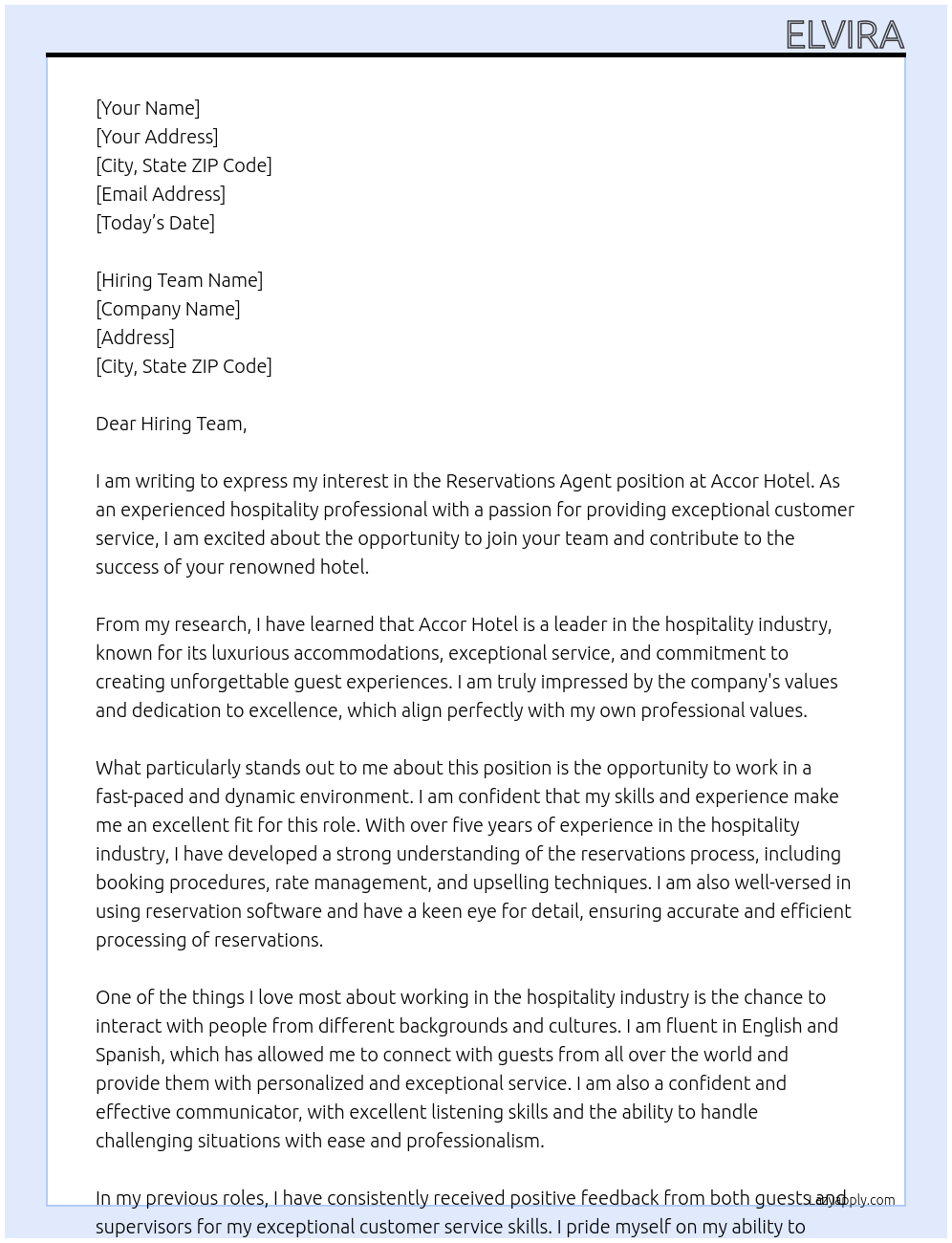 Reservations Agent At accor hotel Cover Letter