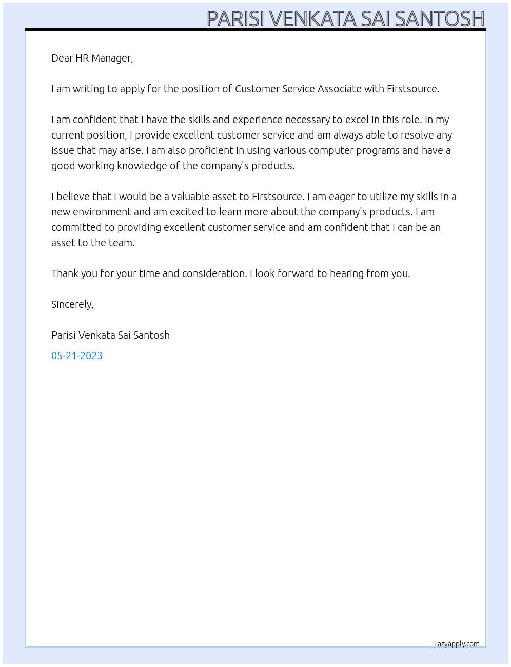Customer Service Associate At Firstsource Cover Letter