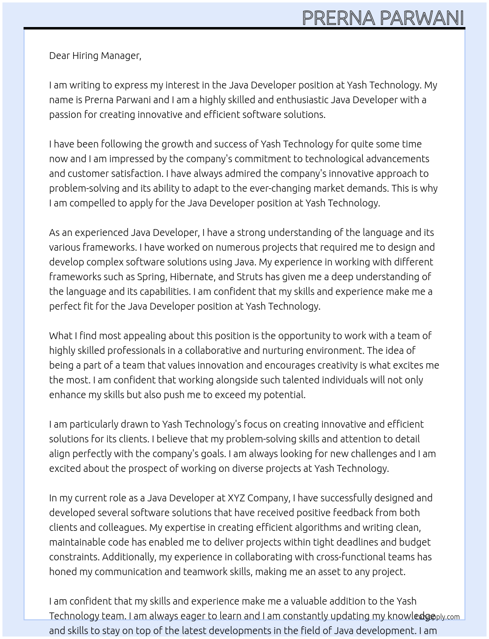 java developer At Yash technology Cover Letter