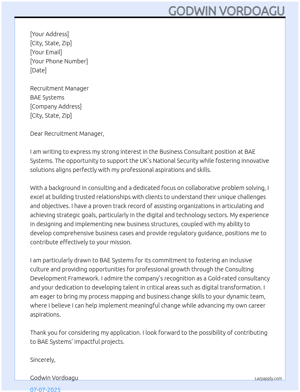 Business Consultant At BAE Systems. Cover Letter