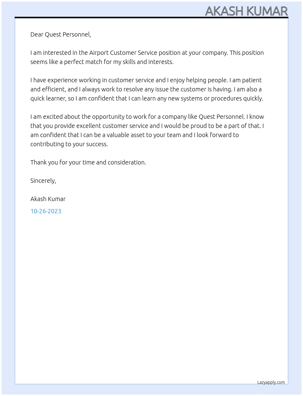 Cover letter for airport customer service - LazyApply