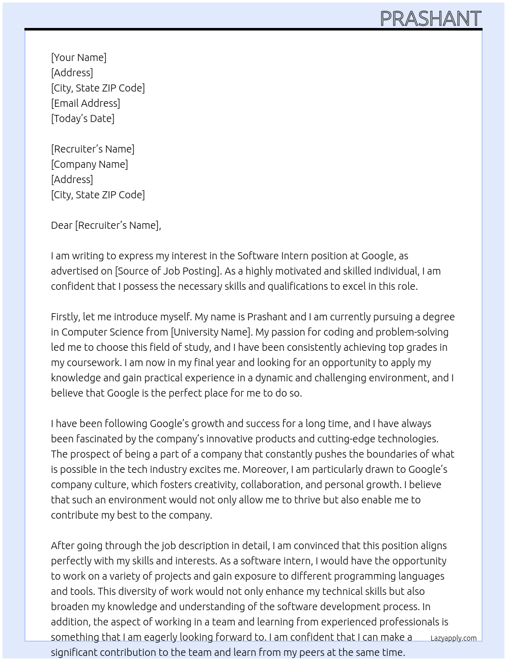 Software Intern At google Cover Letter