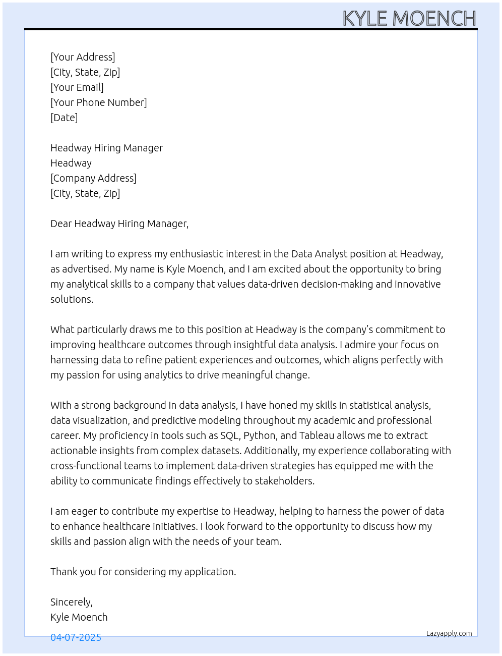 Data Analysts At Headway Cover Letter