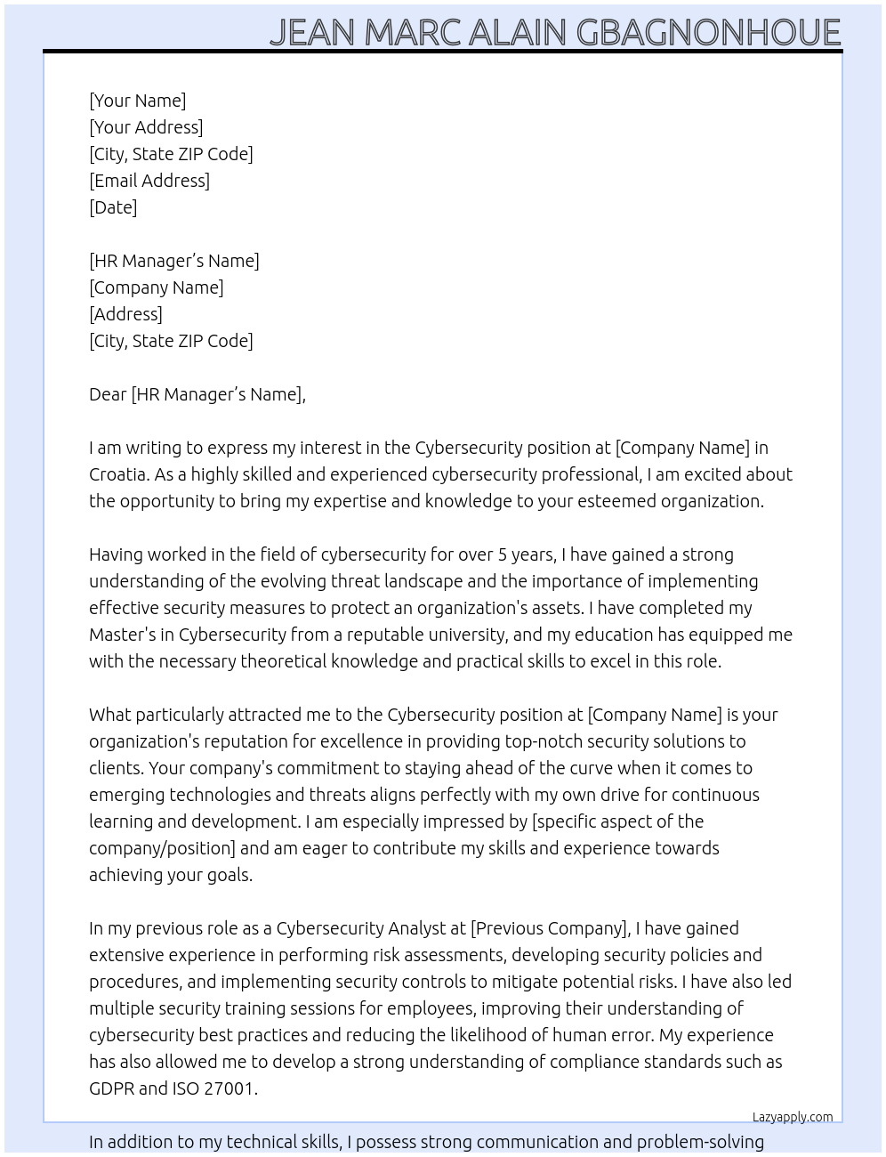 Cybersecurity  At Croatia  Cover Letter