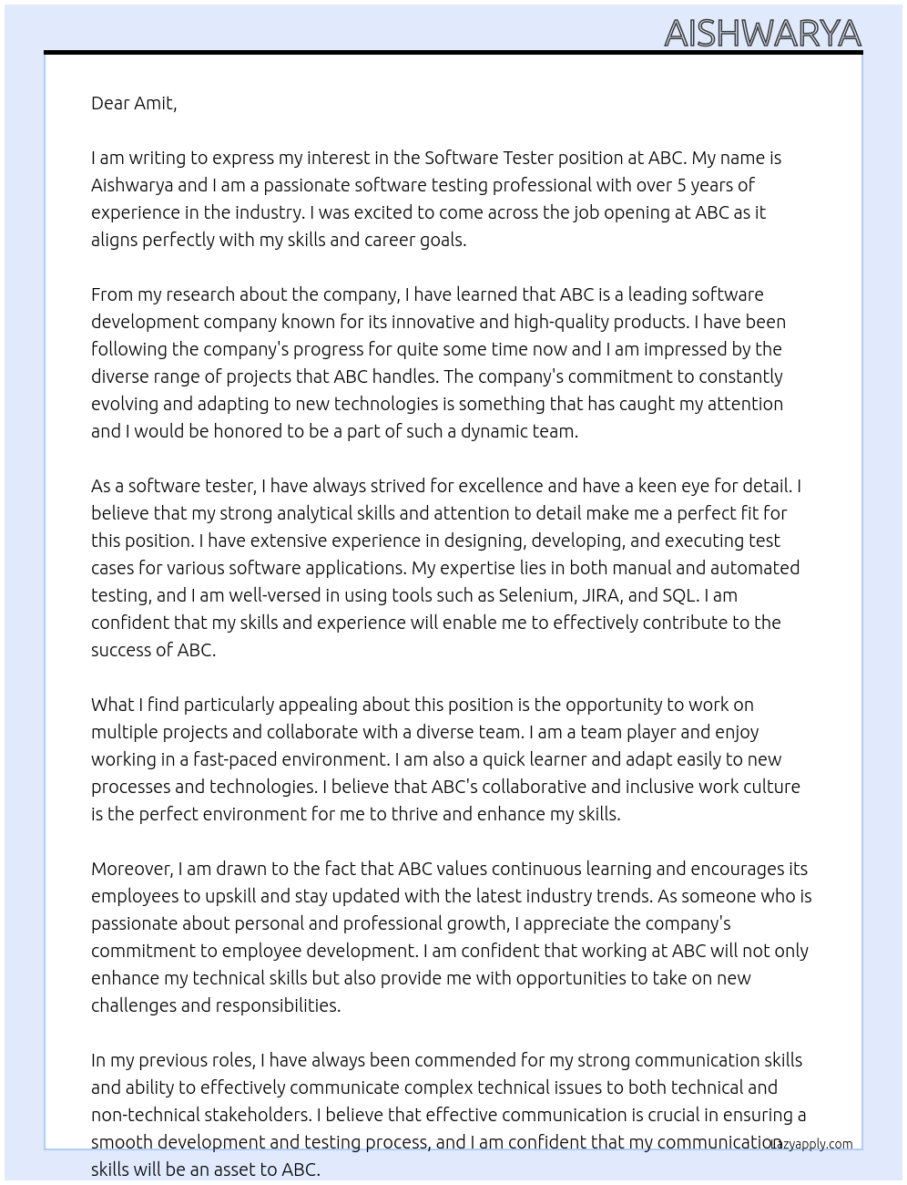 Software Tester At ABC Cover Letter