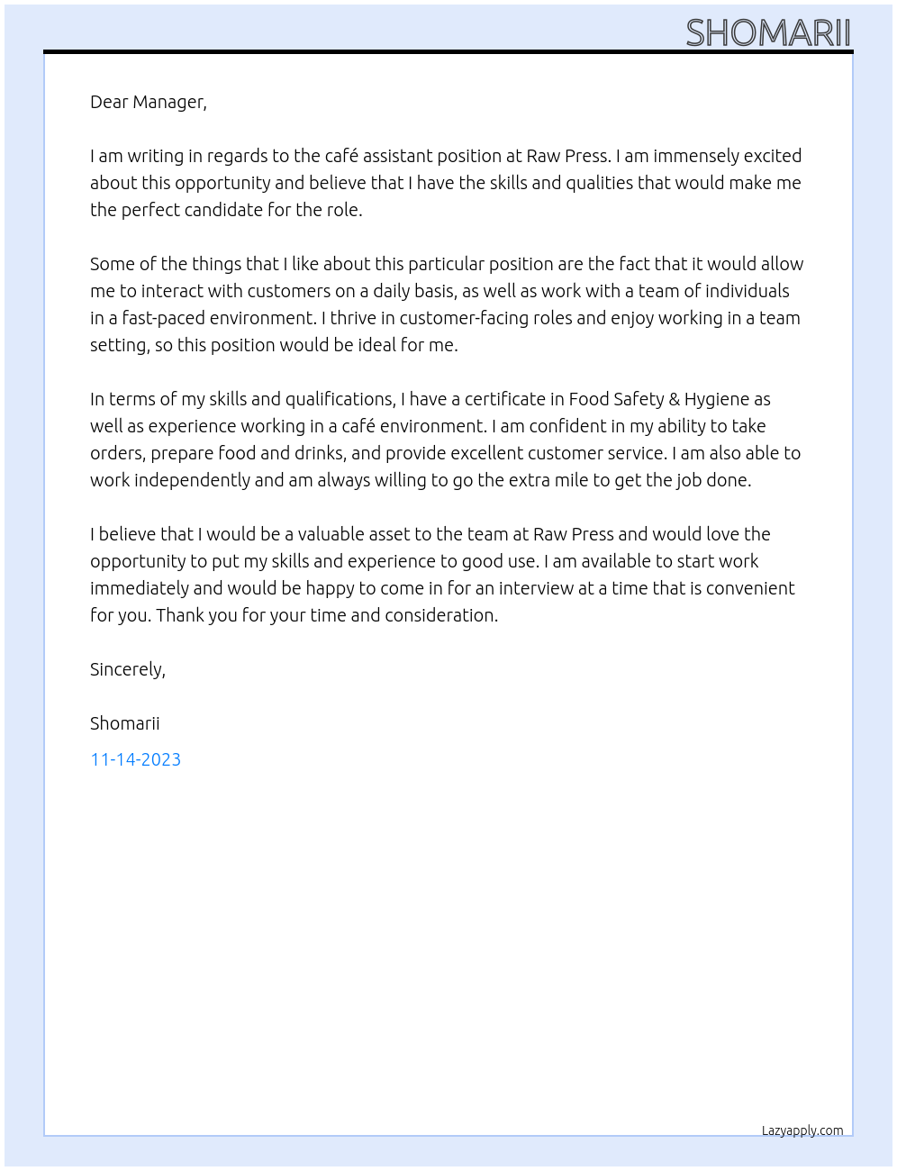 Café assistant At Raw press Cover Letter