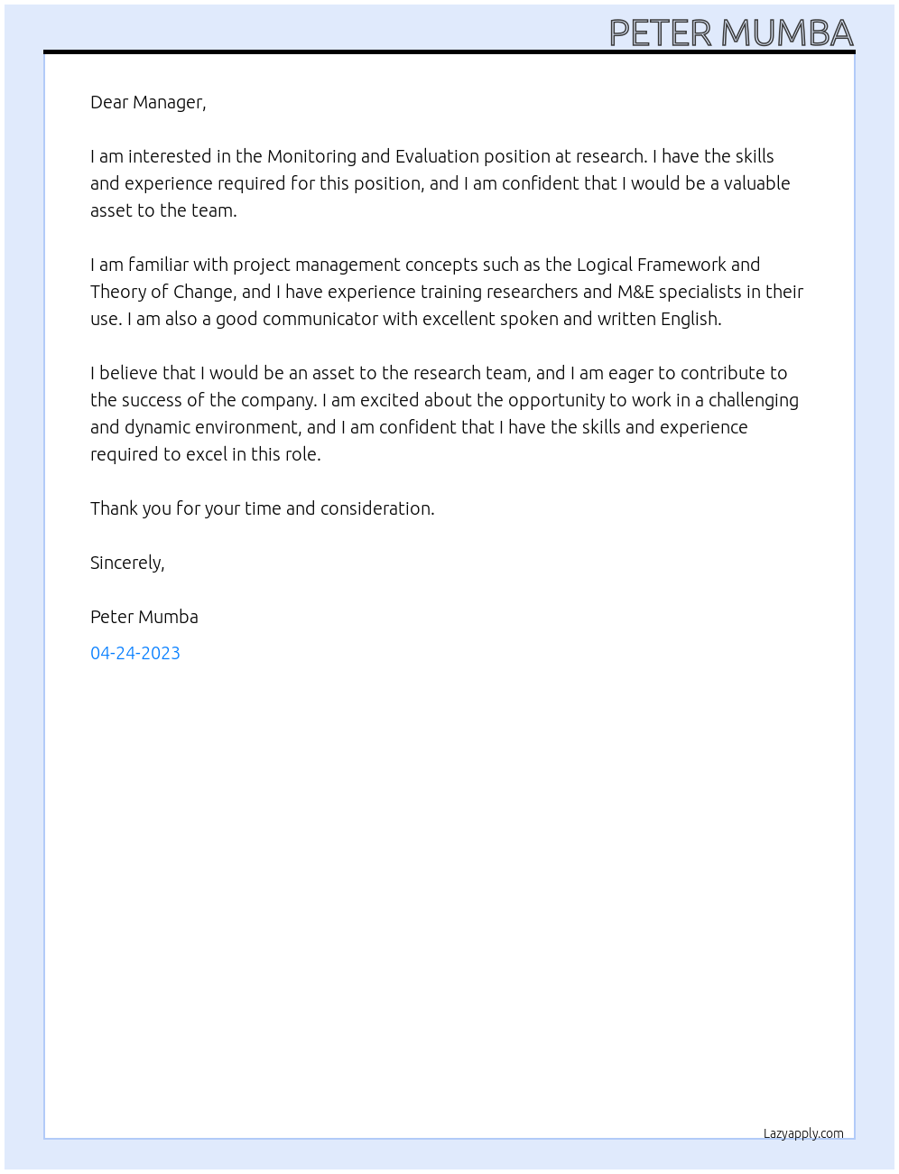 Monitoring and Evaluation At research Cover Letter