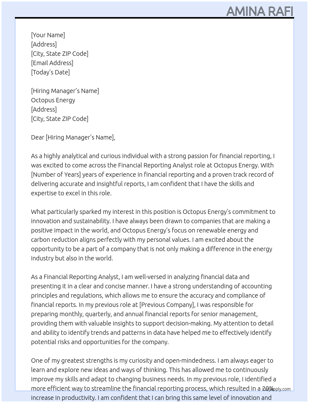 financial reporting analyst At octopus energy Cover Letter