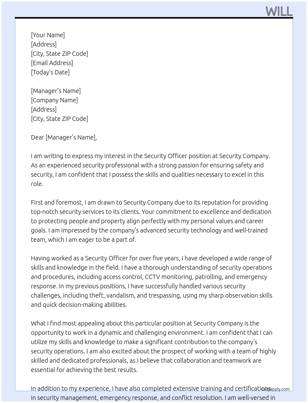 Security Officer At Security Company Cover Letter