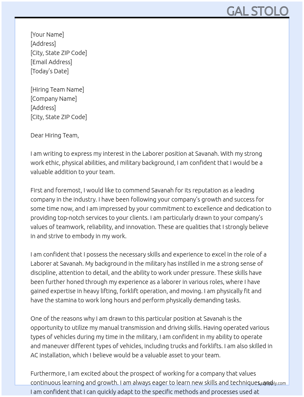 Laborer  At Savanah Cover Letter