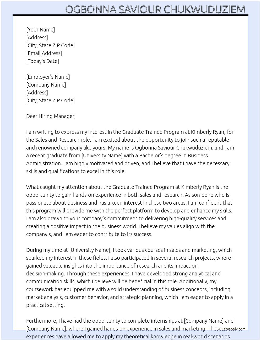 Graduate Trainee program At Kimberly Ryan Cover Letter