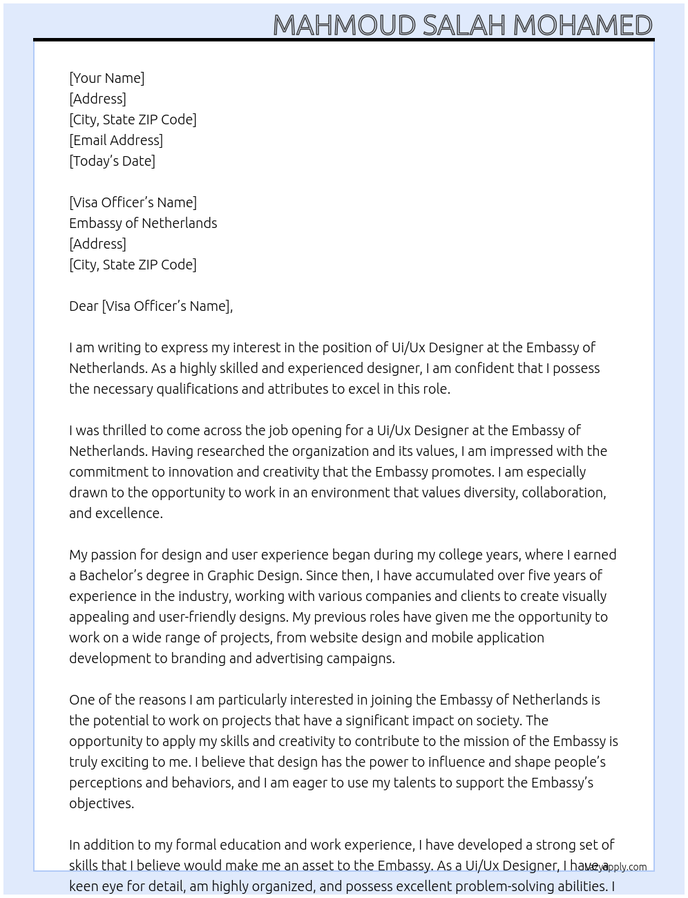 Ui/Ux Designer At embassy of netherlands Cover Letter