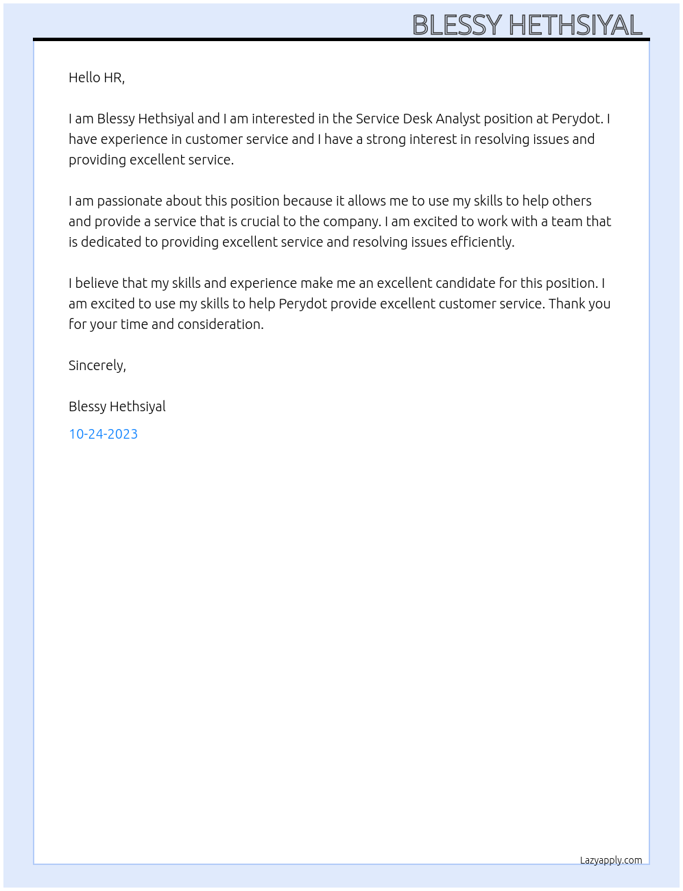 Service desk analyst At Perydot Cover Letter