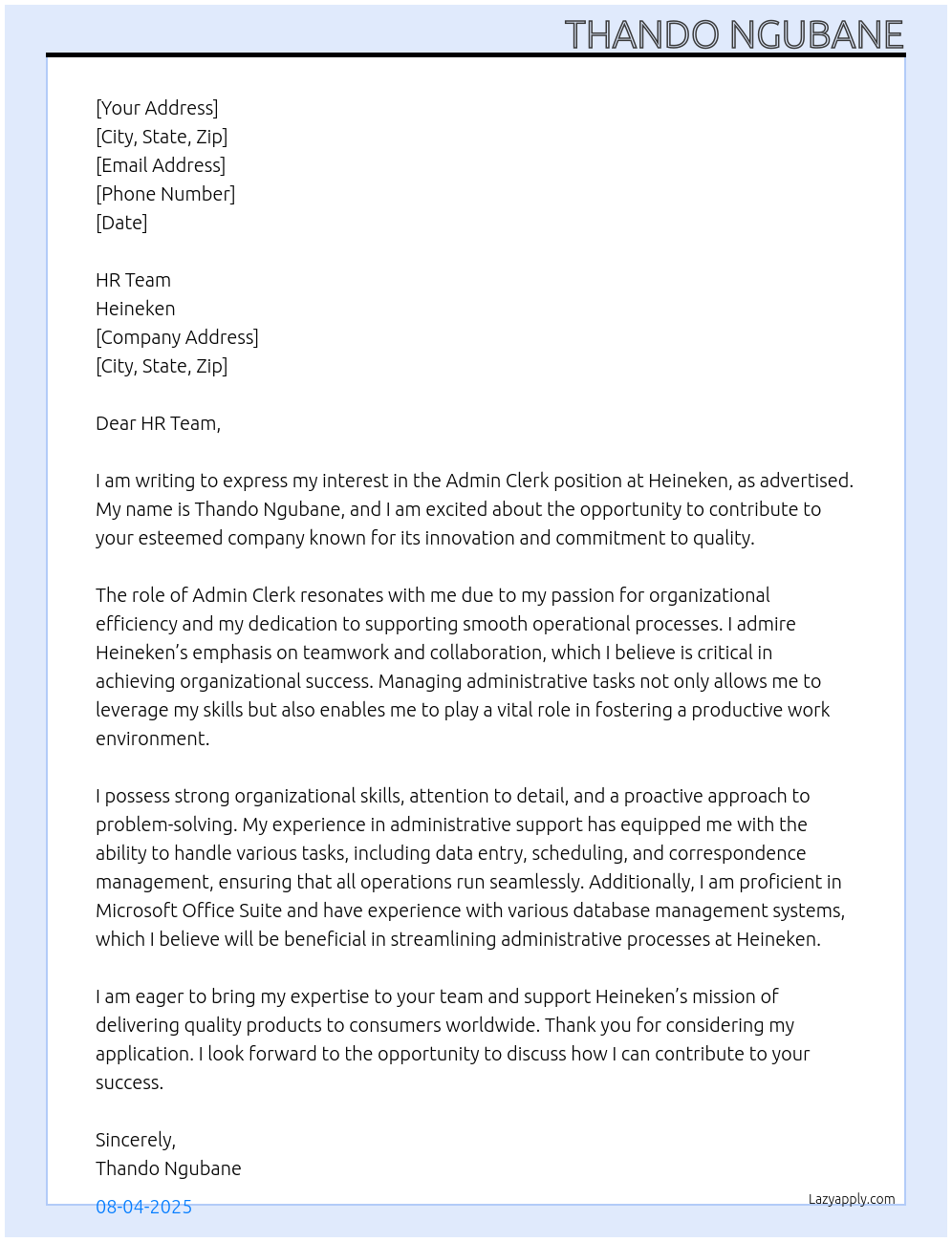 Admin clerk At Heineken Cover Letter