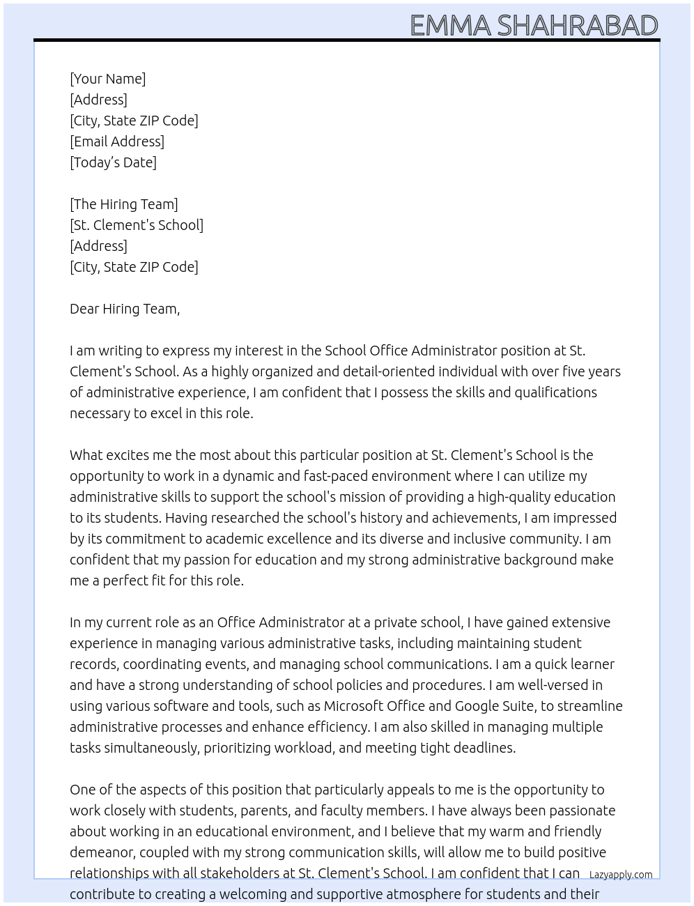 School Office Administrator At St. Clement's School Cover Letter