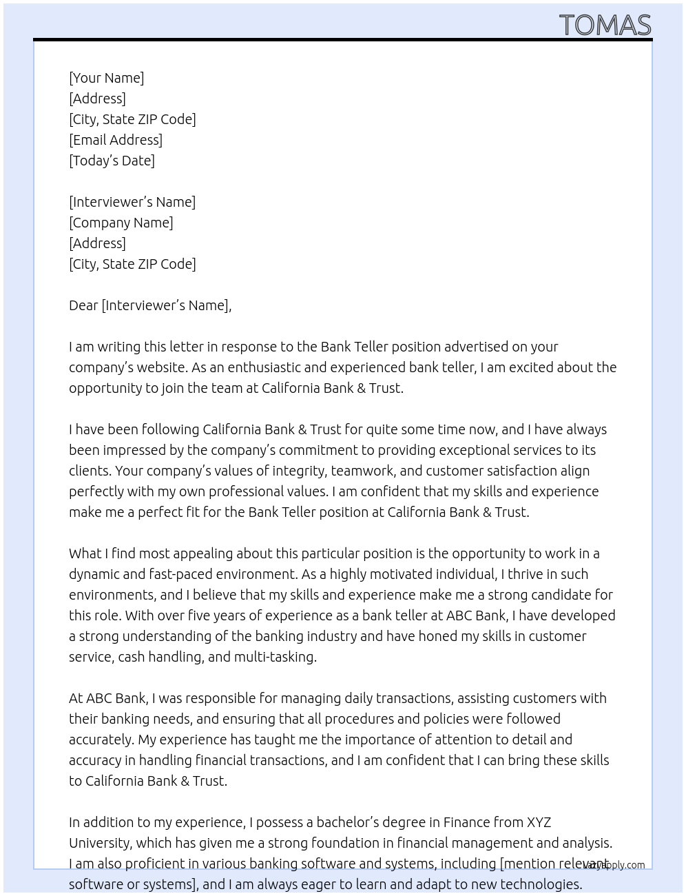 Bank Teller At Califronia Bank & Trust Cover Letter