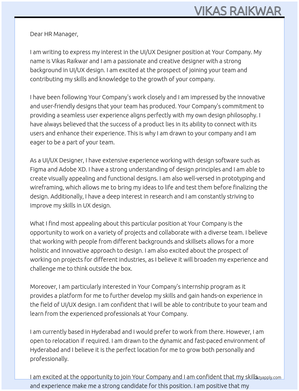 UI/UX Designer At Your Company Cover Letter