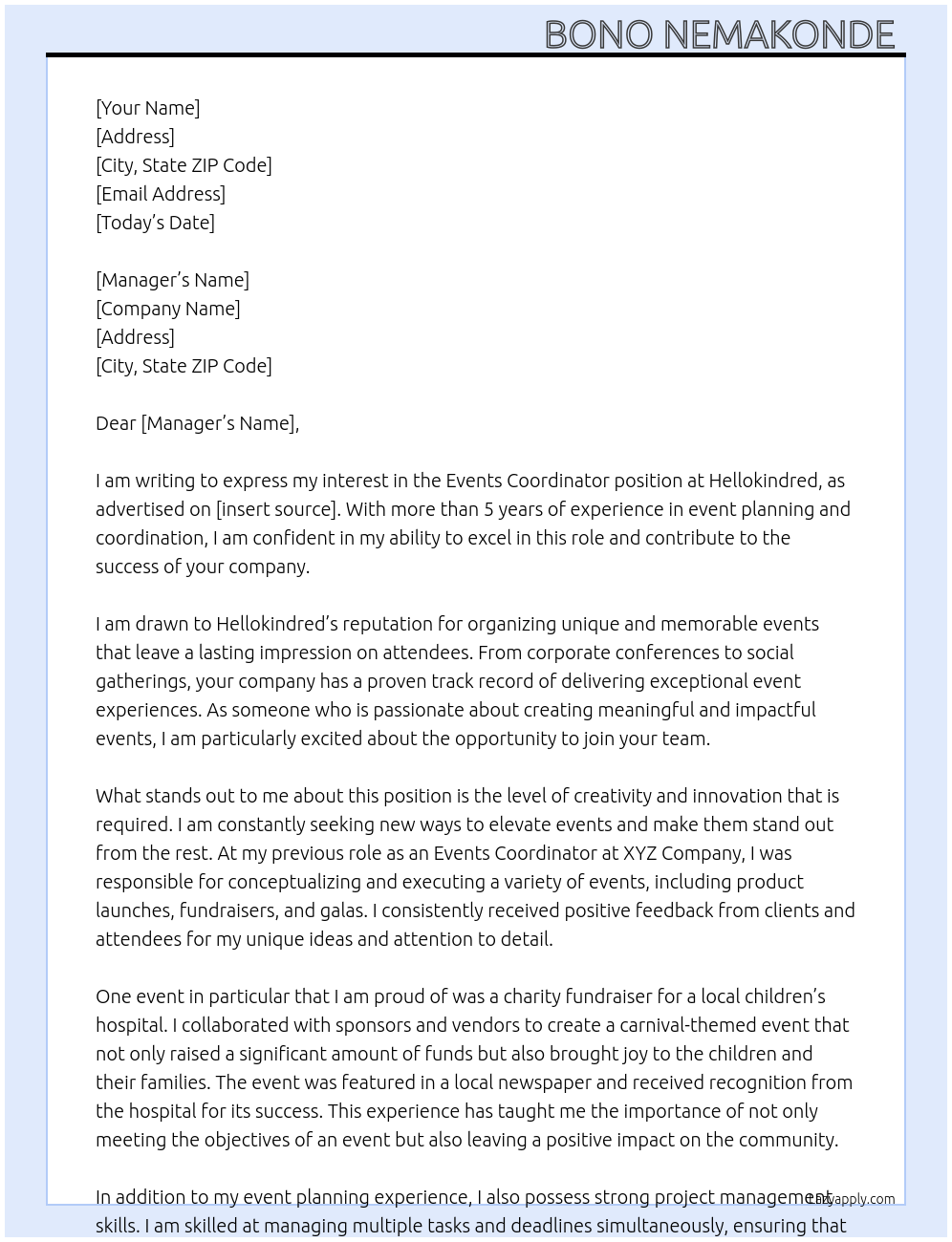 Events Coordinator At Hellokindred Cover Letter