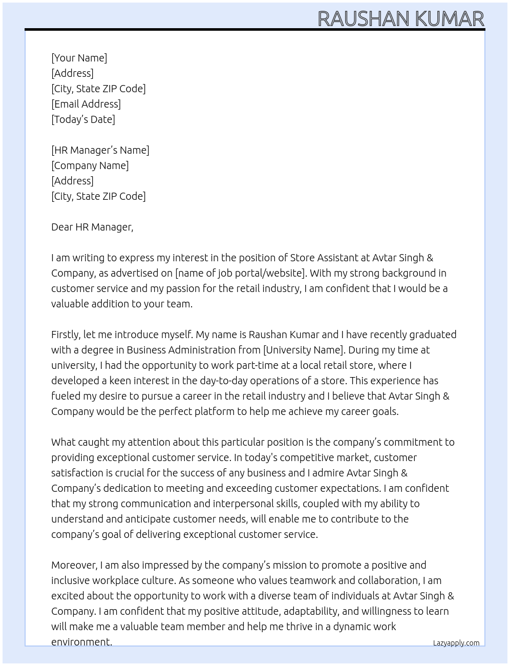 STORE ASSISTANT At AVTAR SINGH & COMPANY Cover Letter