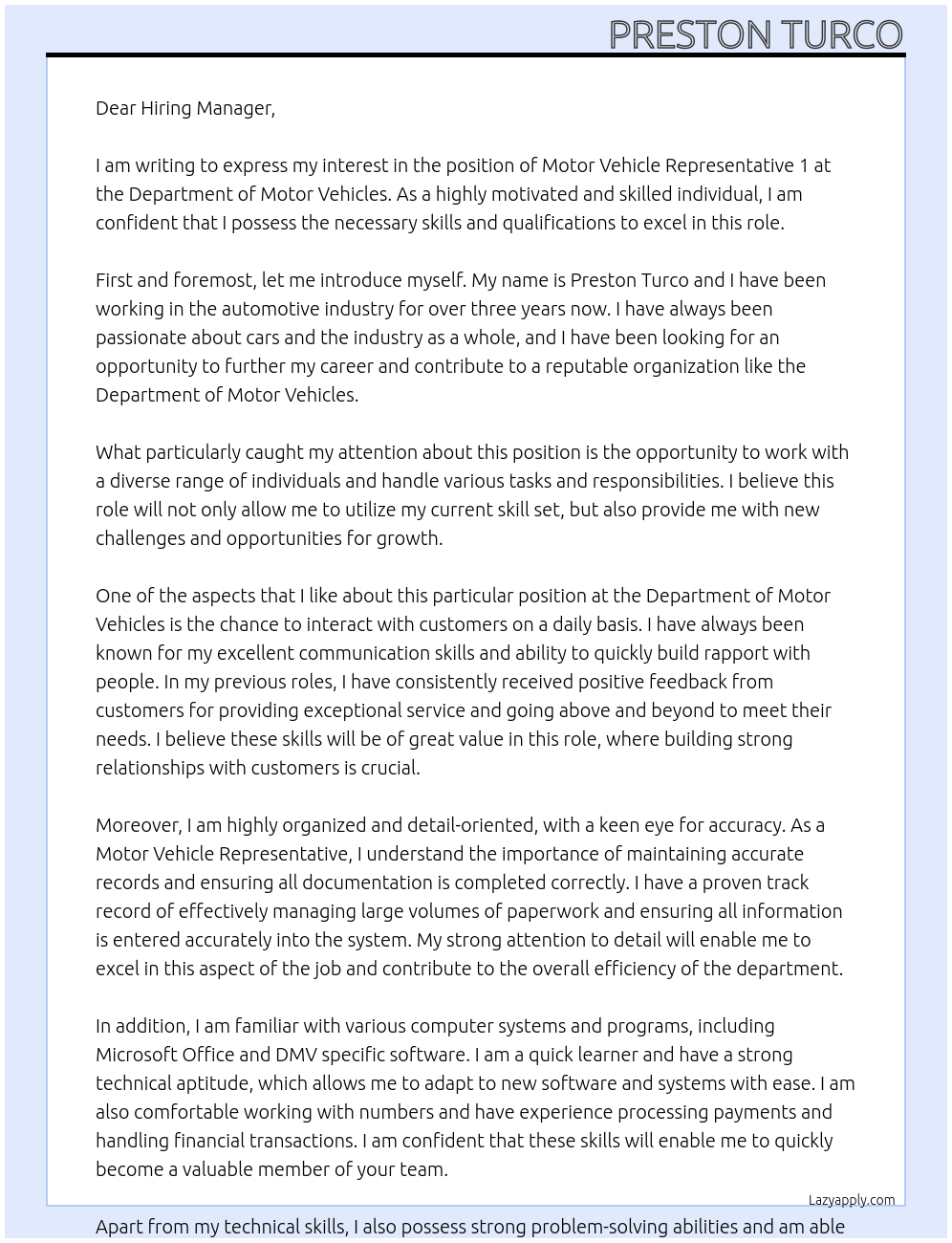 Motor Vehicle Representative 1 At Department of Moter Vehicles Cover Letter