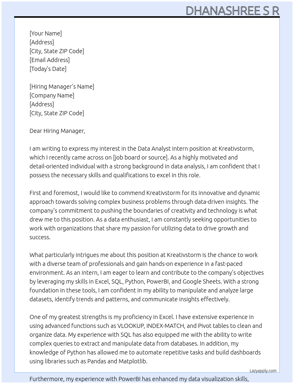 Data Analyst Intern At Kreativstorm Cover Letter