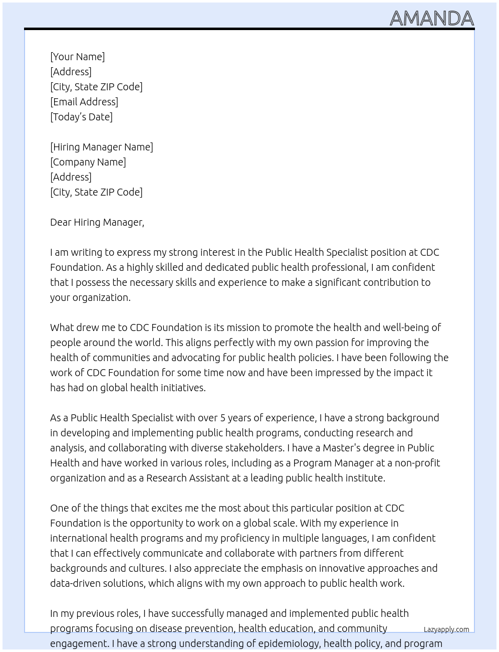 Public Health Specialist At CDC Foundation Cover Letter