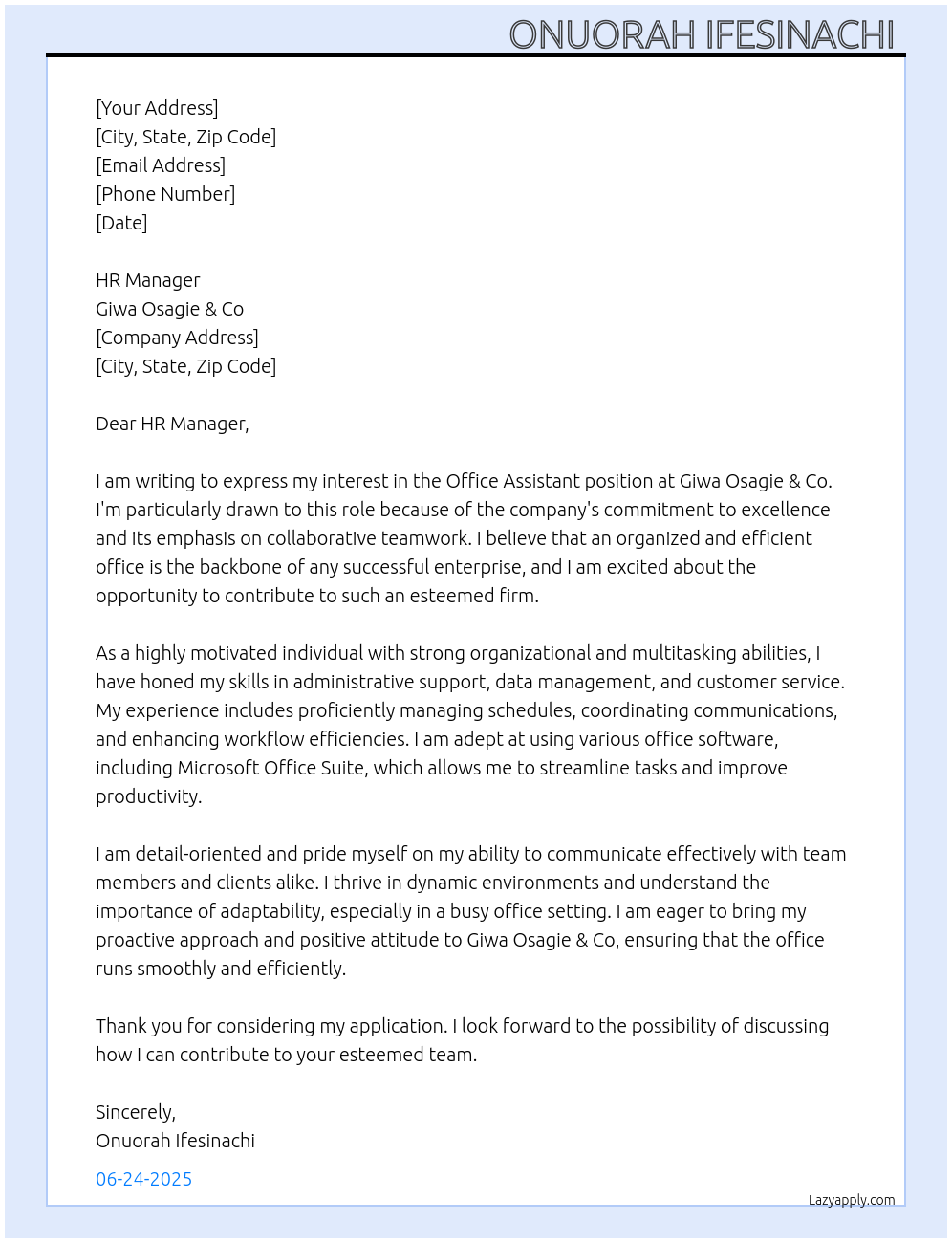 Office assistant  At Giwa osagie & co Cover Letter