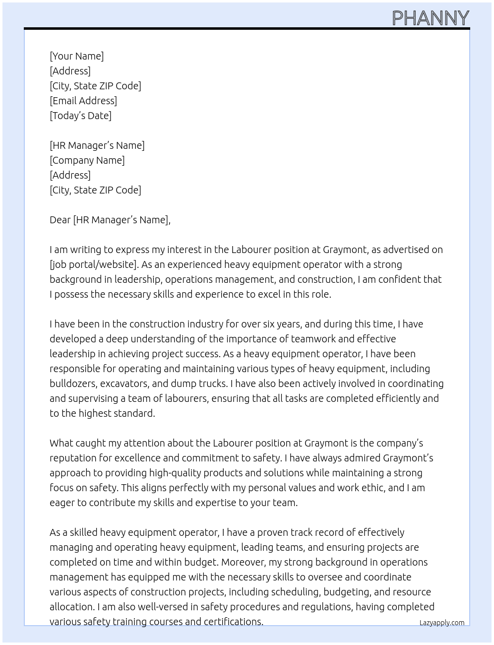 Labourer At Graymont Cover Letter