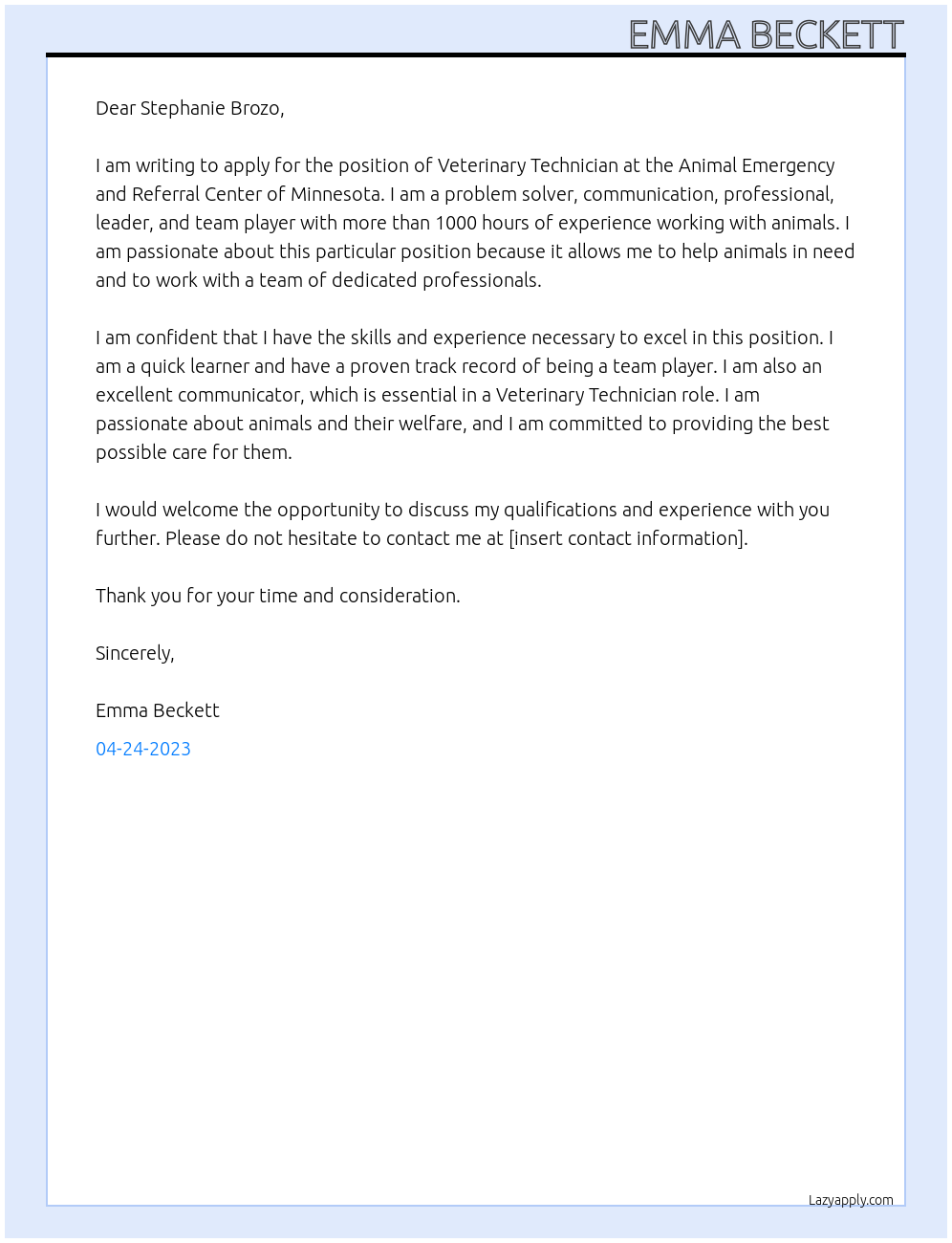 Veterinary Technician At Animal Emergency and Referral Center of Minnesota Cover Letter