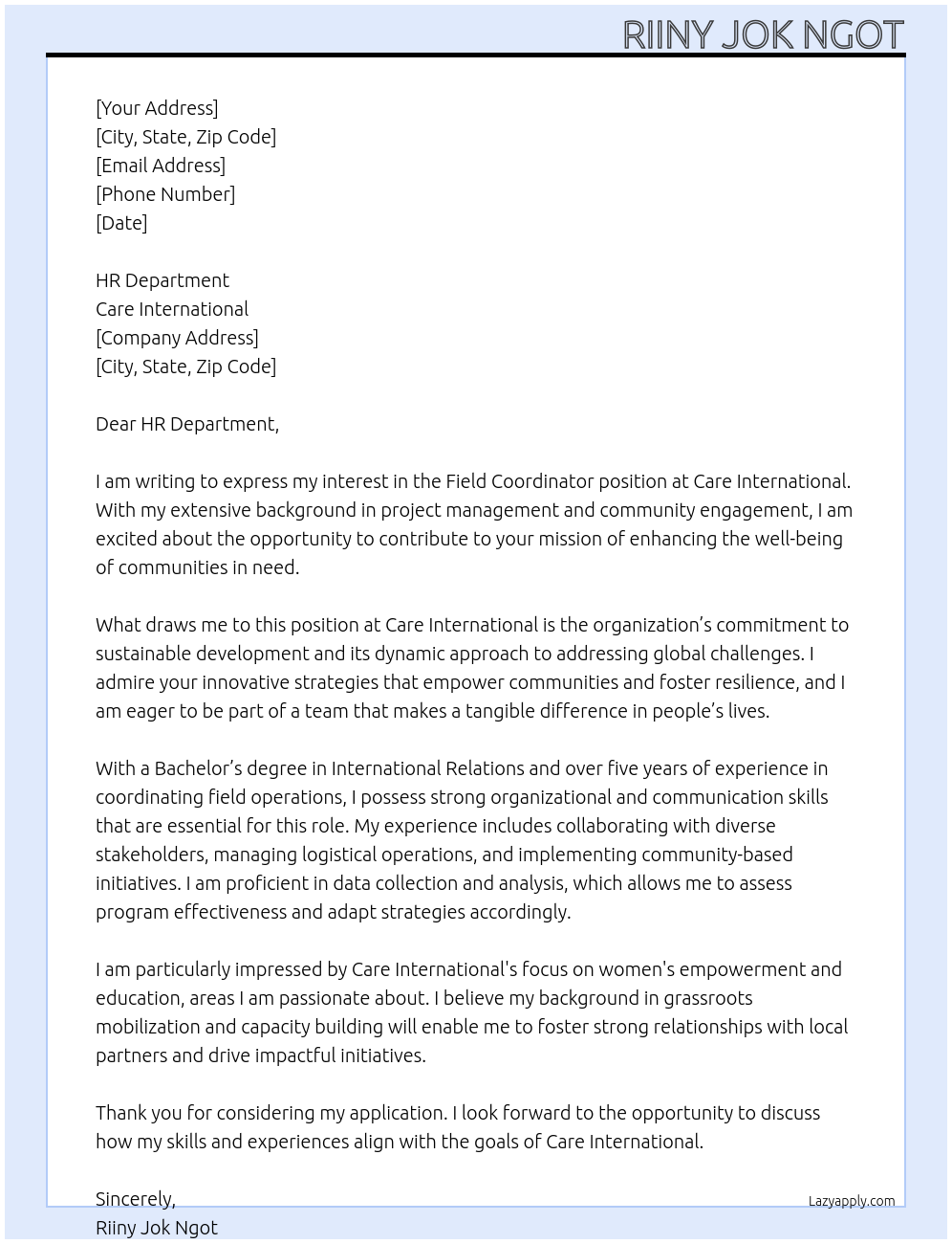 Field coordinator At Care international Cover Letter