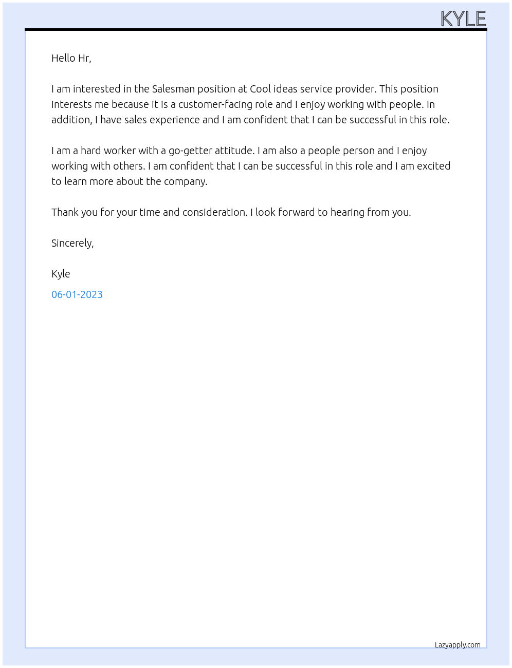 Salesman At Cool ideas service provider Cover Letter