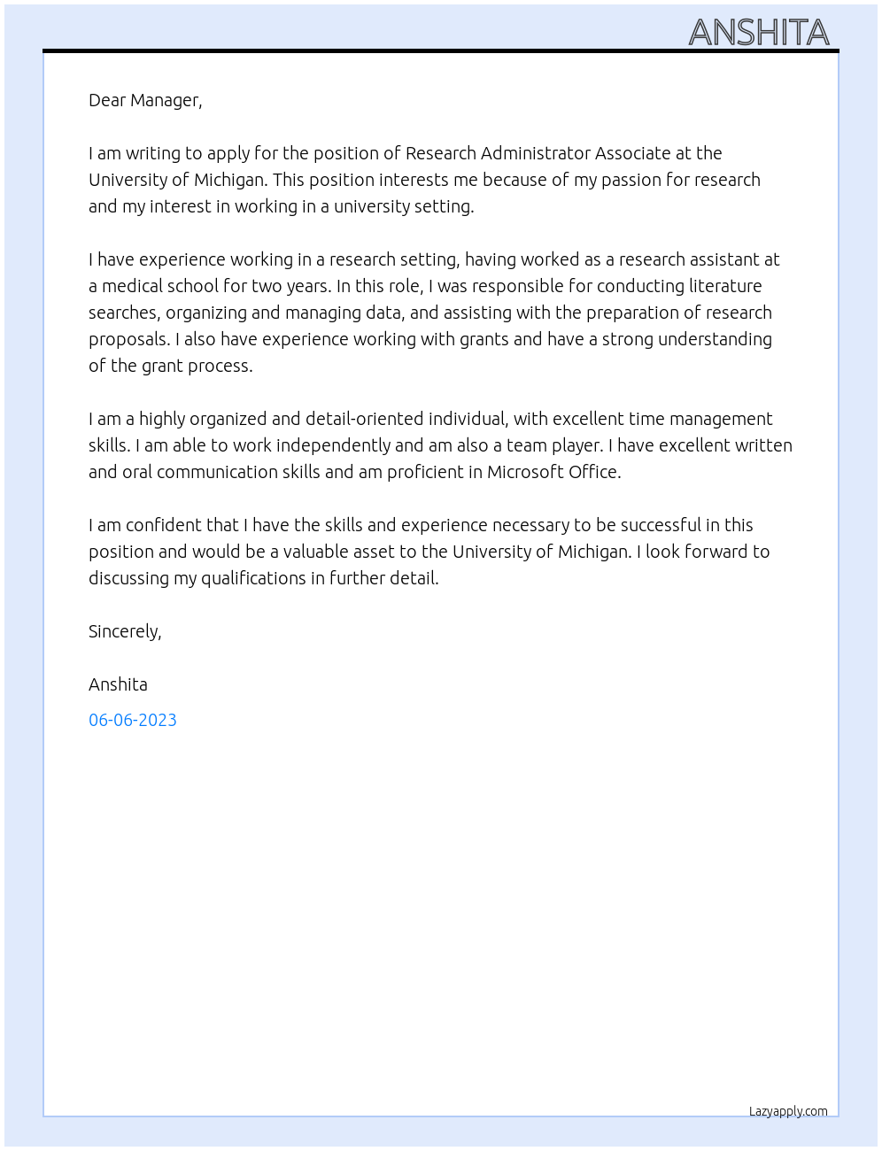 Research Administrator Associate  At University of Michigan  Cover Letter