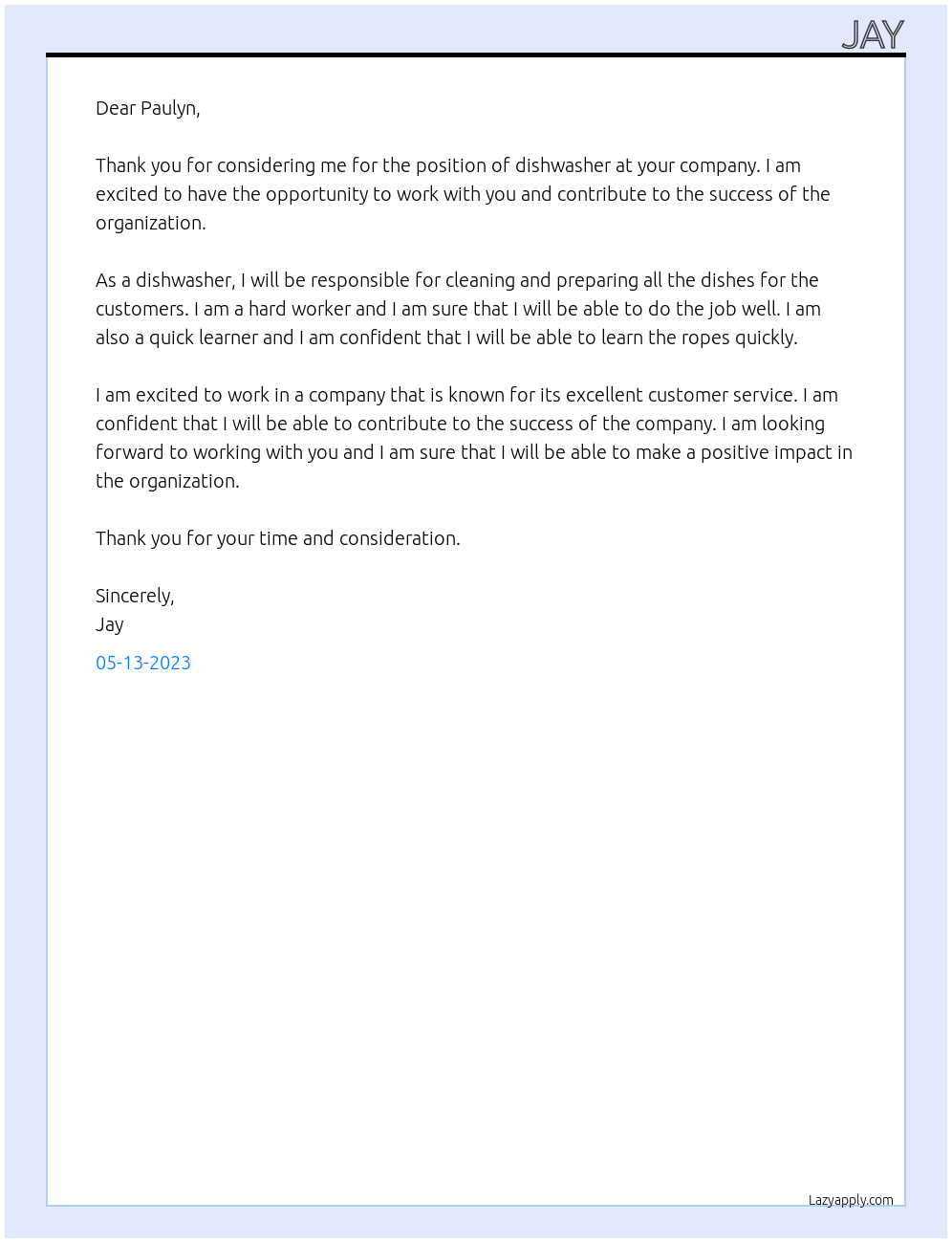 Dishwasher At ABCD Company Cover Letter