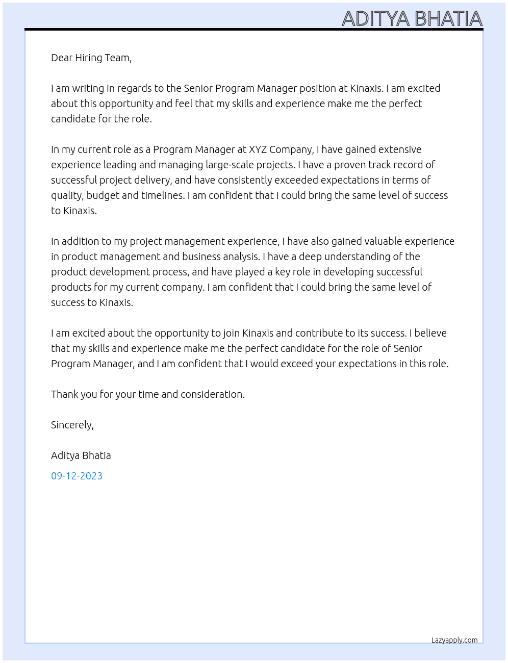 Senior Program Manager At Kinaxis Cover Letter